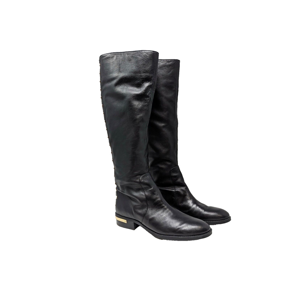 Vince Camuto Riding Boots Black Leather Gold Studded Parshell Women's Size 7.5